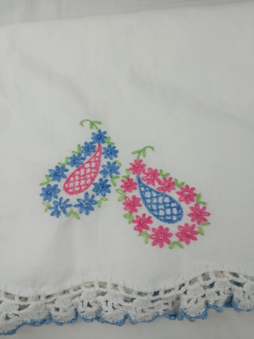 Vintage embroidered standard pillowcase white blue pink flowers